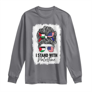 Stand With Palestine Long Sleeve Shirt Messy Bun Gaza Palestinian Flag TS10 Charcoal Print Your Wear