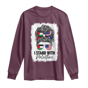 Stand With Palestine Long Sleeve Shirt Messy Bun Gaza Palestinian Flag TS10 Maroon Print Your Wear