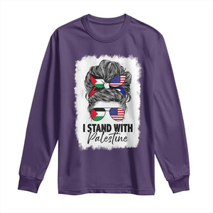 Stand With Palestine Long Sleeve Shirt Messy Bun Gaza Palestinian Flag TS10 Purple Print Your Wear