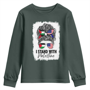 Stand With Palestine Youth Sweatshirt Messy Bun Gaza Palestinian Flag TS10 Dark Forest Green Print Your Wear