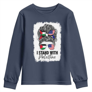 Stand With Palestine Youth Sweatshirt Messy Bun Gaza Palestinian Flag TS10 Navy Print Your Wear
