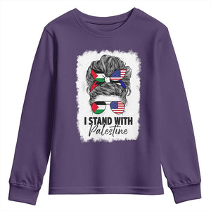 Stand With Palestine Youth Sweatshirt Messy Bun Gaza Palestinian Flag TS10 Purple Print Your Wear