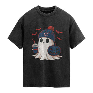 Ghost Halloween Washed Cotton T-Shirt Retro Patriot Halloween Costume