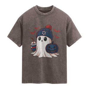 Ghost Halloween Washed Cotton T-Shirt Retro Patriot Halloween Costume