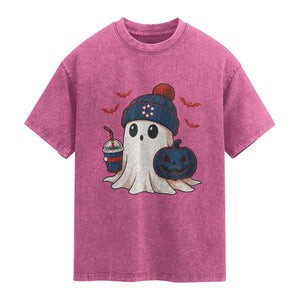 Ghost Halloween Washed Cotton T-Shirt Retro Patriot Halloween Costume