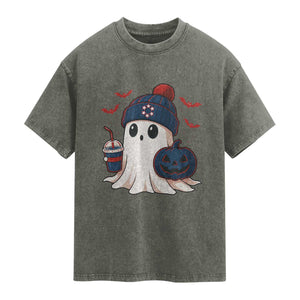 Ghost Halloween Washed Cotton T-Shirt Retro Patriot Halloween Costume