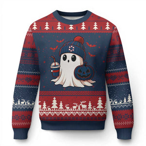 Ghost Halloween Ugly Christmas Sweater Retro Patriots Halloween Costume TS10 Navy Red Print Your Wear