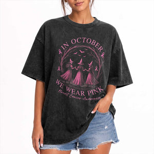In October We Wear Pink Witches Washed Cotton T-Shirt Spooky Breast Cancer Witch Halloween Pink Ribbon