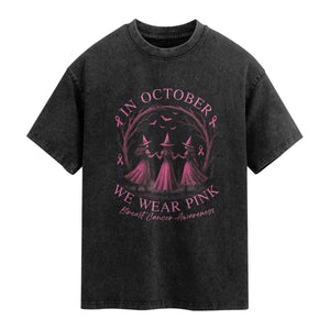 In October We Wear Pink Witches Washed Cotton T-Shirt Spooky Breast Cancer Witch Halloween Pink Ribbon