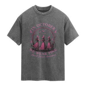 In October We Wear Pink Witches Washed Cotton T-Shirt Spooky Breast Cancer Witch Halloween Pink Ribbon