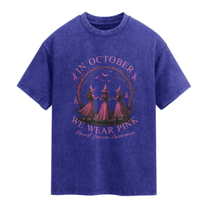 In October We Wear Pink Witches Washed Cotton T-Shirt Spooky Breast Cancer Witch Halloween Pink Ribbon