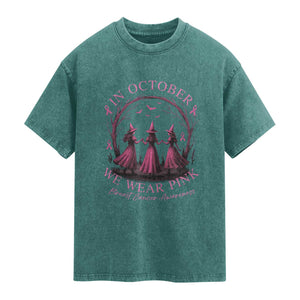 In October We Wear Pink Witches Washed Cotton T-Shirt Spooky Breast Cancer Witch Halloween Pink Ribbon
