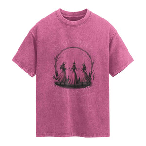 In October We Wear Pink Witches Washed Cotton T-Shirt Spooky Breast Cancer Witch Halloween Pink Ribbon