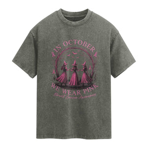In October We Wear Pink Witches Washed Cotton T-Shirt Spooky Breast Cancer Witch Halloween Pink Ribbon