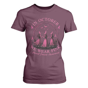 In October We Wear Pink Witches T Shirt For Women Spooky Breast Cancer Witch Halloween Pink Ribbon TS10 Maroon Print Your Wear