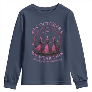 In October We Wear Pink Witches Youth Sweatshirt Spooky Breast Cancer Witch Halloween Pink Ribbon TS10 Navy Print Your Wear