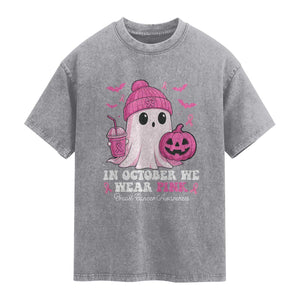 In October We Wear Pink Ghost Washed Cotton T-Shirt Halloween Breast Cancer Pink Ribbon Pumpkin