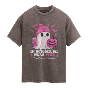 In October We Wear Pink Ghost Washed Cotton T-Shirt Halloween Breast Cancer Pink Ribbon Pumpkin