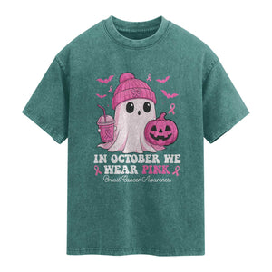 In October We Wear Pink Ghost Washed Cotton T-Shirt Halloween Breast Cancer Pink Ribbon Pumpkin