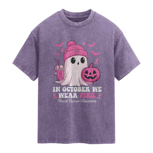 In October We Wear Pink Ghost Washed Cotton T-Shirt Halloween Breast Cancer Pink Ribbon Pumpkin