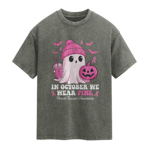 In October We Wear Pink Ghost Washed Cotton T-Shirt Halloween Breast Cancer Pink Ribbon Pumpkin