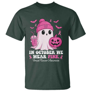 In October We Wear Pink Ghost T Shirt Halloween Breast Cancer Pink Ribbon Pumpkin TS10 Dark Forest Green Print Your Wear