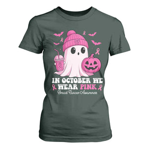 In October We Wear Pink Ghost T Shirt For Women Halloween Breast Cancer Pink Ribbon Pumpkin TS10 Dark Forest Green Print Your Wear