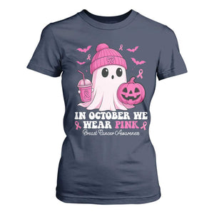 In October We Wear Pink Ghost T Shirt For Women Halloween Breast Cancer Pink Ribbon Pumpkin TS10 Navy Print Your Wear