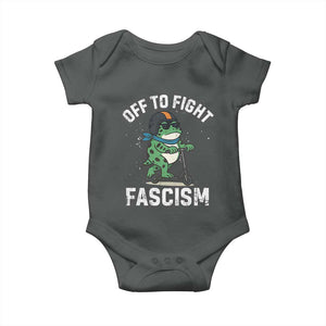 Portland Frog Resist Protest Baby Onesie Off to Fight Fascism Frog Scooter TS10 Dark Heather Print Your Wear