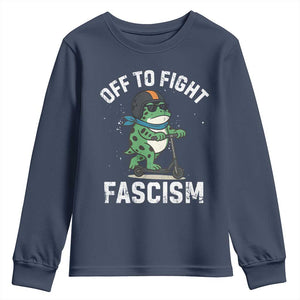 Portland Frog Resist Protest Youth Sweatshirt Off to Fight Fascism Frog Scooter TS10 Navy Print Your Wear