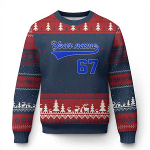 Personalized 67 Jersey Number Ugly Christmas Sweater Custom Name Numbered Uniform Sports Team 67th Birthday TS10 Navy Red Print Your Wear