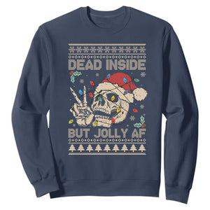 Funny Ugly Christmas Sweatshirt Dead Inside But Jolly AF Festive Sarcastic Snarky Skeleton Skull TS10 Navy Print Your Wear