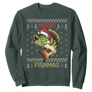 Fishing Christmas Sweatshirt Merry Fishmas Bass Fish Ugly Sweater TS10 Dark Forest Green Print Your Wear