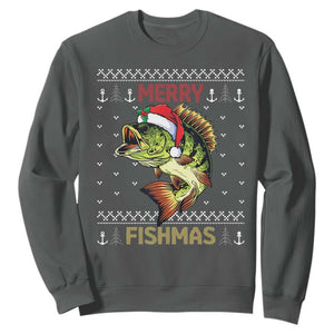 Fishing Christmas Sweatshirt Merry Fishmas Bass Fish Ugly Sweater TS10 Dark Heather Print Your Wear