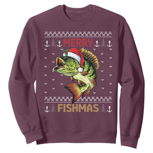 Fishing Christmas Sweatshirt Merry Fishmas Bass Fish Ugly Sweater TS10 Maroon Print Your Wear
