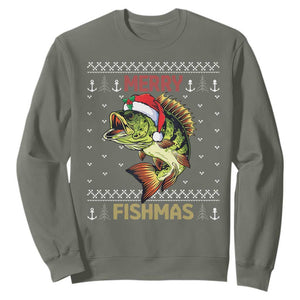 Fishing Christmas Sweatshirt Merry Fishmas Bass Fish Ugly Sweater TS10 Military Green Print Your Wear