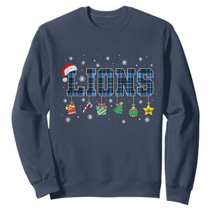 Lions Christmas Sweatshirt Blue Plaid Detroit Fans Xmas Pajamas TS10 Navy Print Your Wear