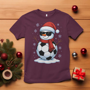 Christmas Soccer Snowman T Shirt Snowflakes Holiday Sports Xmas Pajamas Red Santa Hat TS10 Maroon Print Your Wear