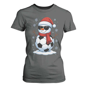 Christmas Soccer Snowman T Shirt For Women Snowflakes Holiday Sports Xmas Pajamas Red Santa Hat TS10 Dark Heather Print Your Wear