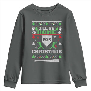 Baseball Ugly Christmas Youth Sweatshirt I'll Be Home For Xmas TS10 Dark Heather Print Your Wear
