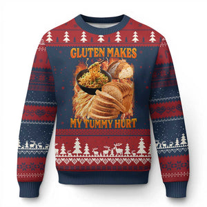 Funny Gluten Free Ugly Christmas Sweater Gluten Makes My Tummy Hurt Vintage Bootleg Graphic TS10 Navy Red Print Your Wear