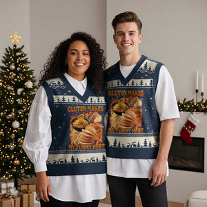 Funny Gluten Free V-Neck Knit Sweater Vest Gluten Makes My Tummy Hurt Vintage Bootleg Graphic TS10 Navy Beige Print Your Wear