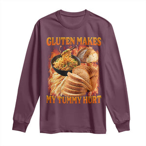 Funny Gluten Free Long Sleeve Shirt Gluten Makes My Tummy Hurt Vintage Bootleg Graphic TS10 Maroon Print Your Wear