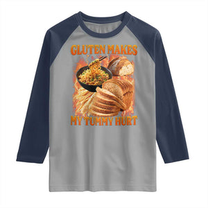 Funny Gluten Free Raglan Shirt Gluten Makes My Tummy Hurt Vintage Bootleg Graphic TS10 Sport Gray Navy Print Your Wear
