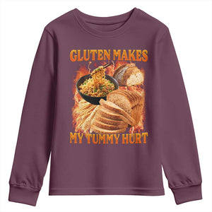 Funny Gluten Free Youth Sweatshirt Gluten Makes My Tummy Hurt Vintage Bootleg Graphic TS10 Maroon Print Your Wear