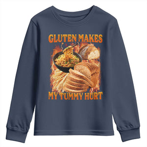 Funny Gluten Free Youth Sweatshirt Gluten Makes My Tummy Hurt Vintage Bootleg Graphic TS10 Navy Print Your Wear