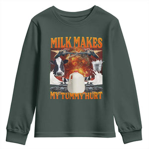 Lactose Intolerant Meme Youth Sweatshirt Milk Makes My Tummy Hurt Vintage Bootleg Graphic TS10 Dark Forest Green Print Your Wear