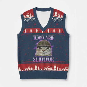 Tummy Ache Survivor Cat Meme V-Neck Knit Sweater Vest Funny Trending Oddly Specific Brainrot Memes TS10 Navy Red Print Your Wear