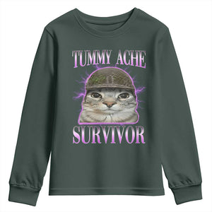 Tummy Ache Survivor Cat Meme Youth Sweatshirt Funny Trending Oddly Specific Brainrot Memes TS10 Dark Forest Green Print Your Wear