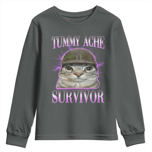 Tummy Ache Survivor Cat Meme Youth Sweatshirt Funny Trending Oddly Specific Brainrot Memes TS10 Dark Heather Print Your Wear
